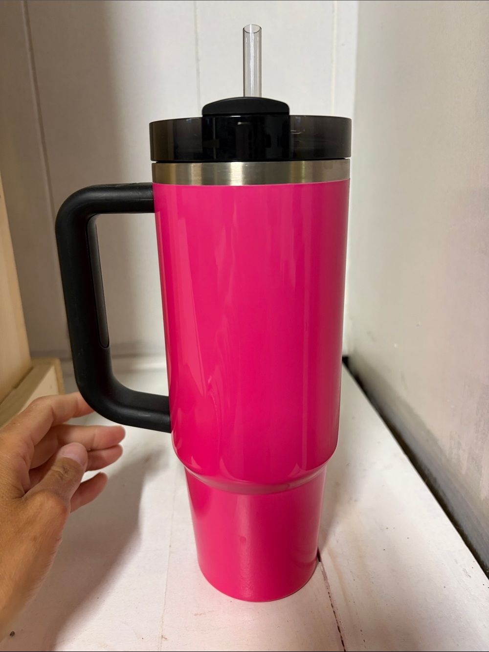 Stanley Hot Pink Travel Tumbler with Black Lid & Handle - Picture 2 of 7